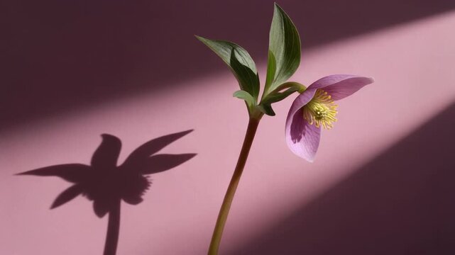Delicate Pink Hellebore Flower Casts Shadow on Pink Background.