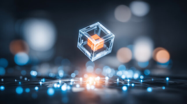 Transparent floating cube with a solid core above a digital surface symbolizing secure data architecture, blockchain logic, and technological innovation.

