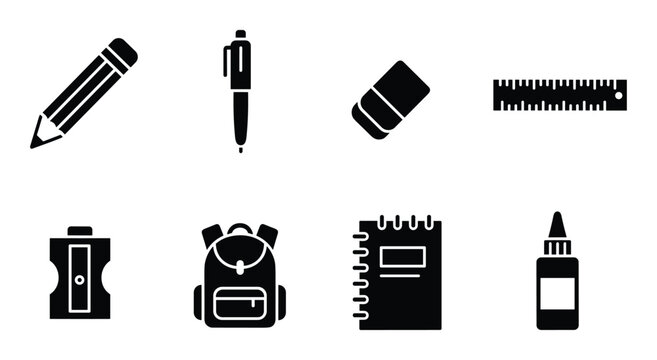 Back to school solid icons collection including pencil pen eraser ruler sharpener backpack and glue
