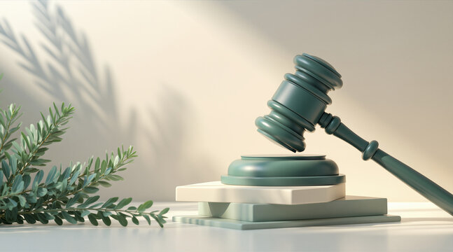 Judicial gavel resting on tiered stand, olive branch beside, soft natural light, minimalist studio setting, symbolic justice theme.
