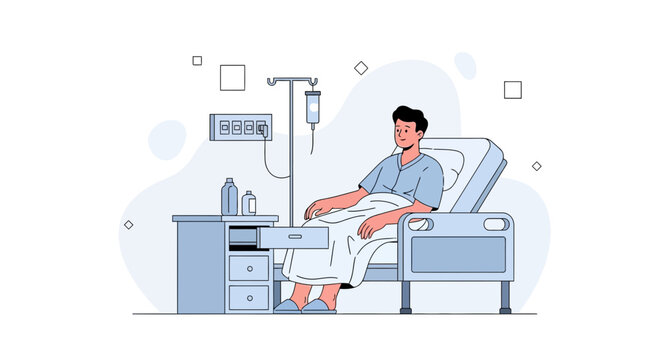 Patient in hospital bed with IV drip, medical equipment and bedside table