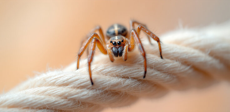 Macro shot of a jumping spider on twisted rope, arachnid portrait, eight legged insect, natural texture, close up wildlife.