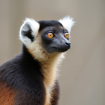 Primate with striking orange eyes and black and white fur, lemur species, wildlife, animal portrait, naturalistic detail.