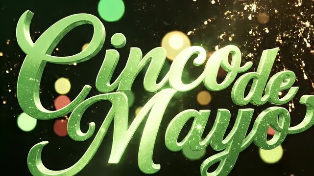 Cinco de Mayo text with glitter and sparkling fireworks on black