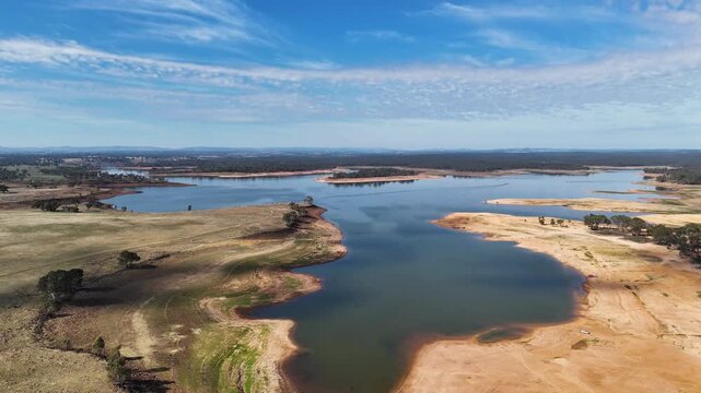 Aerial view of Lake Eppalock during drought season, North Central Victoria, Australia