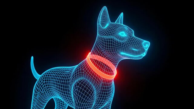Futuristic Blue Wireframe Dog with Glowing Red Collar on Black Background.