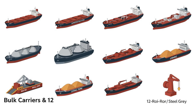 Bulk carrier ships in different colors.