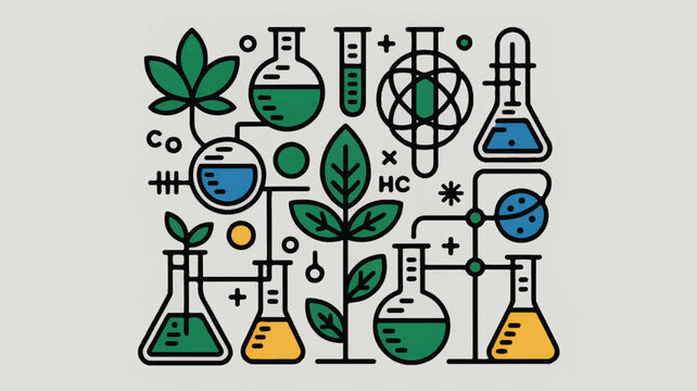 Abstract scientific pattern with plants, flasks, and molecules in green and blue, science technology
