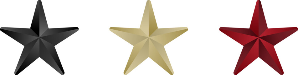 Obraz premium Three dimensional metallic star shapes in distinct colors, textured five pointed stars for ranking and rating