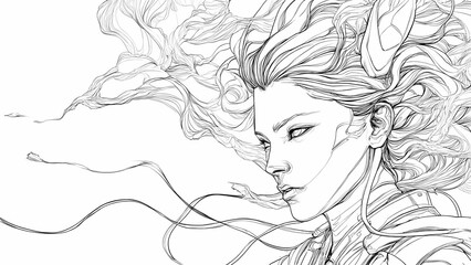 Fototapeta premium Girl lineart white and black draw