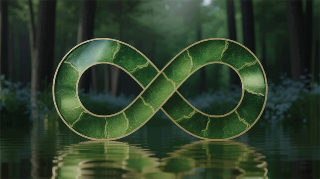 Infinity symbol made of green leaves floating on water in a forest