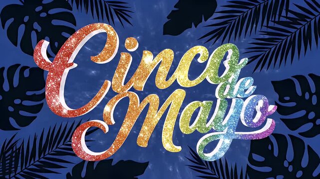 Cinco de Mayo vibrant glitter text with tropical leaves background