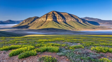 Fototapeta premium Golden sunrise light filters through drifting morning fog over a peaceful meadow of wildflowers. Soft beams illuminate the colorful landscape dramatic mountain nature background, copy space