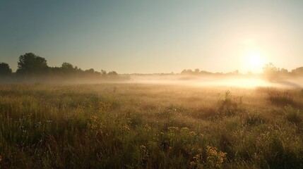 Fototapeta premium Golden sunrise light filters through drifting morning fog over a peaceful meadow of wildflowers. Soft beams illuminate the landscape for a tranquil cinematic nature scene for wellness, travel