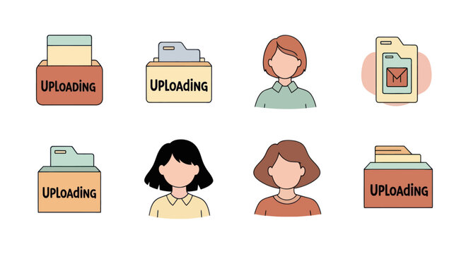 Set of flat line icons with uploading folders and faceless female avatars in pastel colors perfect for digital and web use