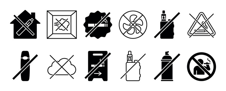 Collection of black prohibition icons and warning signs for no smoking and no vaping rules, featuring electronic cigarettes, vapor, and aerosol restrictions in a simple vector graphic style