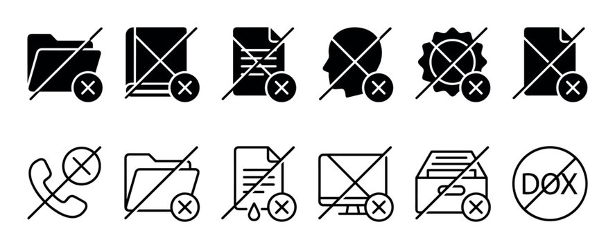 Black deletion and error icon set featuring minimalist glyph and line art symbols for unavailable files, folders, calls, and user profiles for UI and UX design elements