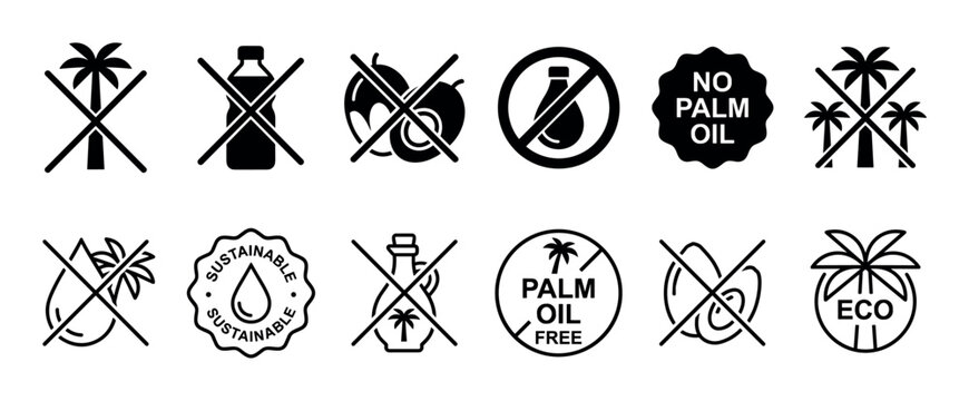 Comprehensive collection of black and white palm oil free and sustainable product icons are displayed in a grid pattern, featuring various symbols and text warnings