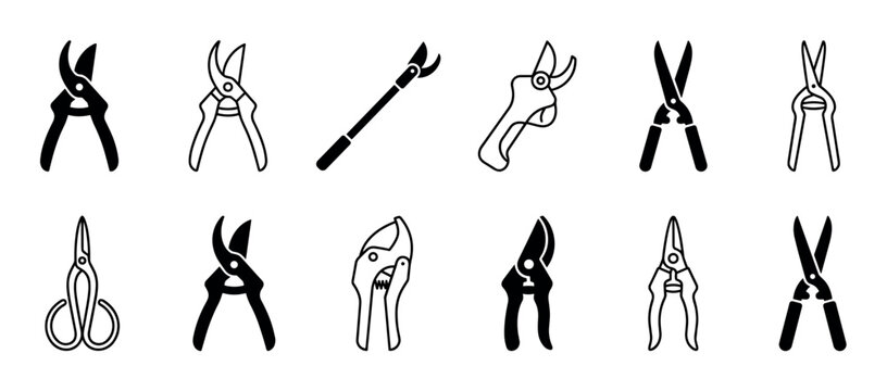 Twelve distinct black and outline pruning shears icons are neatly arranged, showcasing various garden cutting tools in a minimalist graphic style