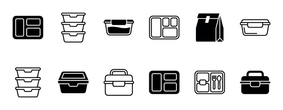 This collection of diverse lunchbox and food container icons showcases various designs for meal preparation and storage, presented in a clean, modern, black and white graphic style