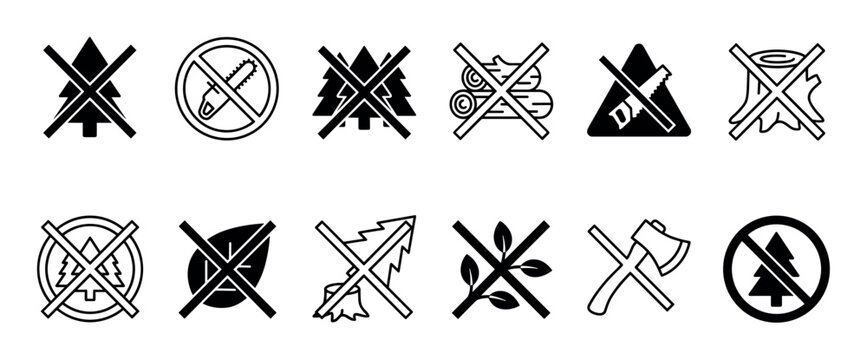 Set of black and white icons showing deforestation prohibition signs with crossed-out trees, chainsaws, axes, and logs in a minimalist glyph and linear vector style collection
