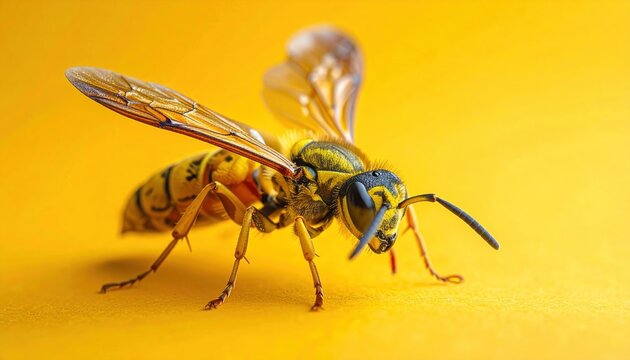 Close-up macro shot of a yellow wasp with black markings, showcasing its delicate wings and segmented body against a bright yellow backdrop, highlighting insect anatomy