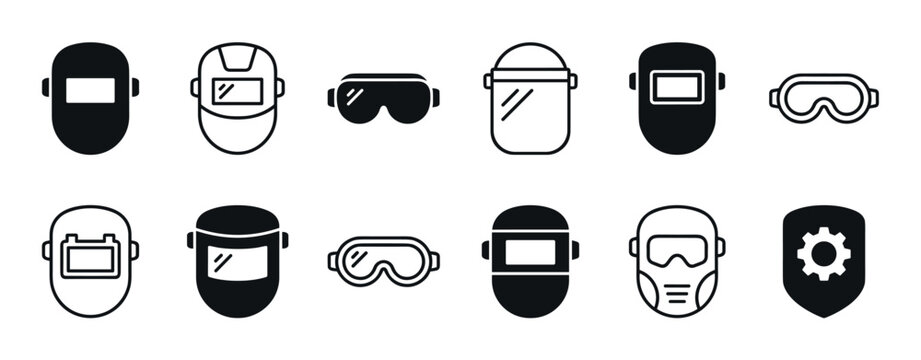 Welding mask and safety goggle icons in a minimalist collection of black line art and silhouette designs for industrial protection and welder equipment concepts
