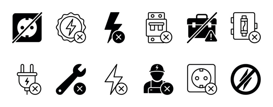 Comprehensive set of electrical safety warning icons featuring prohibition symbols over sockets, plugs, tools, and electricians, presented in a clean, graphic style