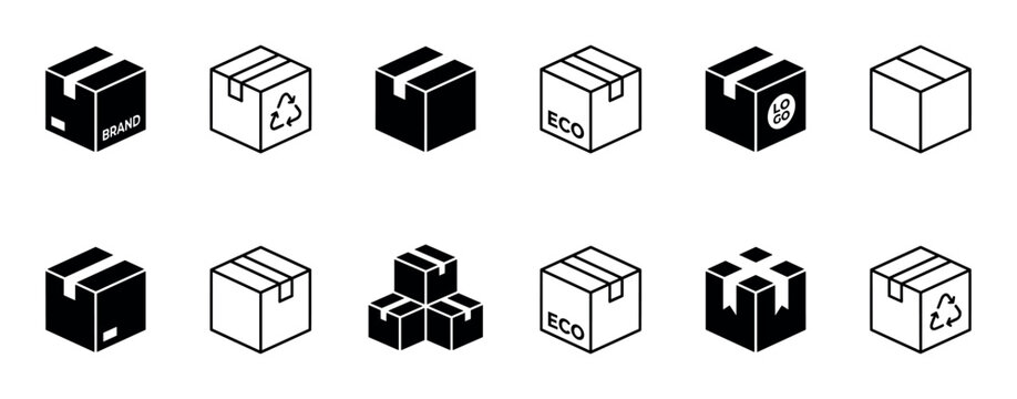 Twelve minimalist isometric delivery box icons are displayed in a clean, graphic collection, featuring various designs with outlines, solid fills, and symbols like recycling and eco text