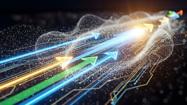 Futuristic digital data streams and arrow graphics representing progress and speed in a technological landscape