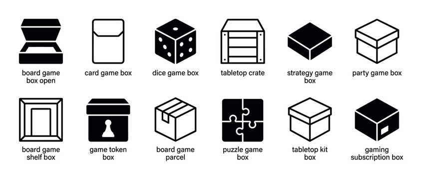 Collection of various black and white game box icons, featuring different shapes and styles for tabletop, card, dice, strategy, and puzzle games, presented in a clean, minimalist graphic design