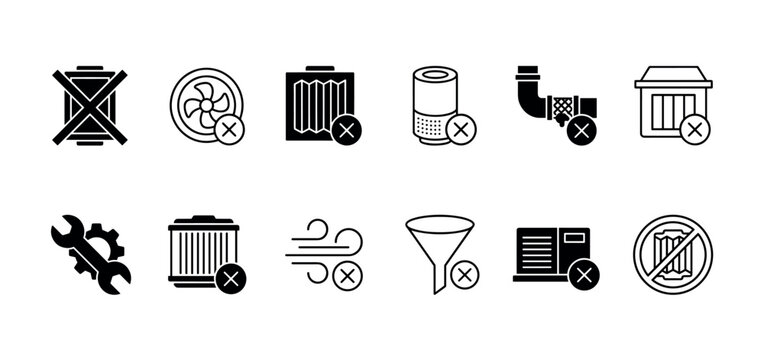 Black glyph icons set for air filtration and ventilation systems showing common problems like clogged filters, broken fans, and required maintenance for HVAC equipment