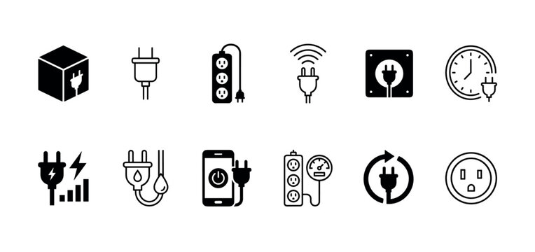 Set of black electric power icons featuring various plugs, sockets, chargers, and energy concepts in a minimalist glyph style for technology and electricity themes