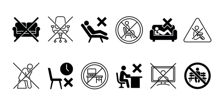 Collection of black prohibition icons showing do not sit signs for chairs, sofas, and desks, illustrating rules for public spaces, safety warnings, and ergonomic health concepts