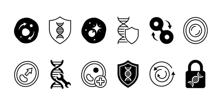 Collection of black science icons representing genetics, DNA protection, cell regeneration, and biotechnology concepts in a clean, minimalist vector illustration style
