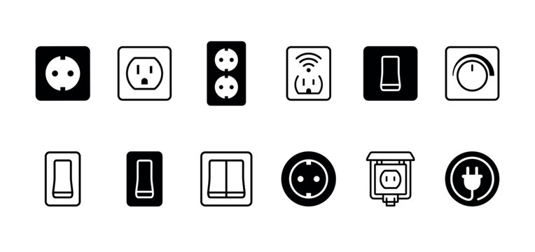 Electrical outlet and light switch icon set with various types of sockets, plugs, and a dimmer control presented in a simple black and white line art and glyph design