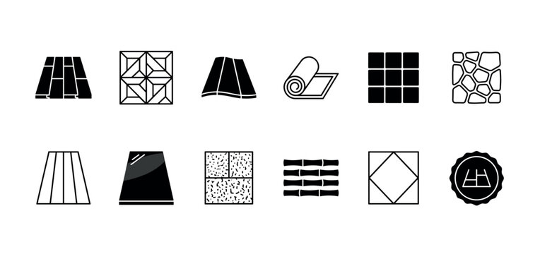 Flooring and building material icons set in a simple black and white graphic style, featuring laminate, tile, stone, linoleum, and bamboo for construction and interior design concepts