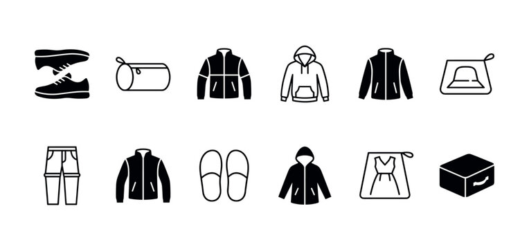Collection of black clothing and accessory icons featuring sneakers, jackets, hoodies, pants, bags, and a parcel box in a minimalist glyph and linear design style