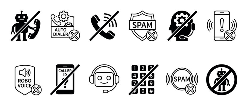 Collection of black and white icons illustrating spam call prevention, featuring symbols like robots, phones, auto dialers, caller ID, and blocked numbers, all with a clear prohibition sign