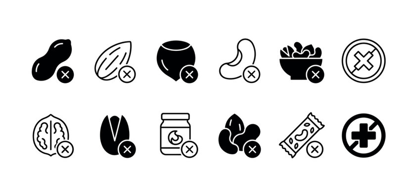 Nut free black glyph icon set showing various nuts and nut products with a prohibition sign for allergy information and food packaging design, representing dietary restrictions