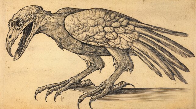 Vintage sketch of a monstrous bird perched on a branch