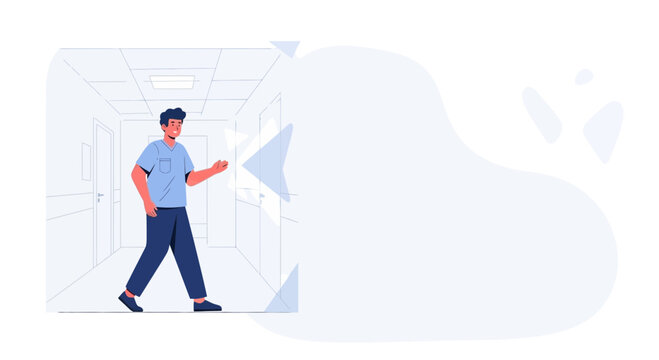 Man walking down hospital corridor, knocking on door, healthcare concept