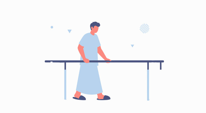 Man in hospital gown walking with parallel bars for physical therapy