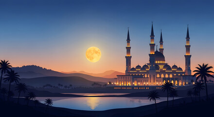 Obraz premium Beautiful mosque illuminated at dusk with a glowing full moon above