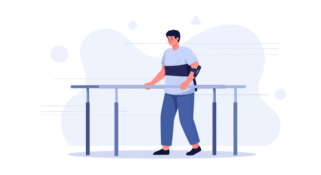Man with exoskeleton walking on parallel bars in physical therapy