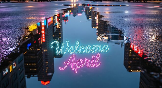 Neon welcome april sign on wet urban street at night with traffic lights and reflections