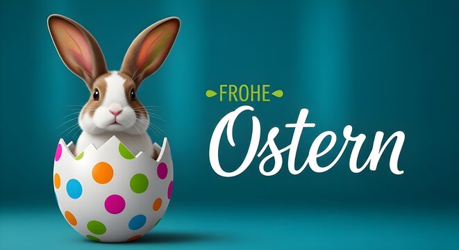 Frohe ostern konzept mit lustigem osterhasen im bunten osterei auf gr nem hintergrund ferien feiertag gru karte mit deutschem text