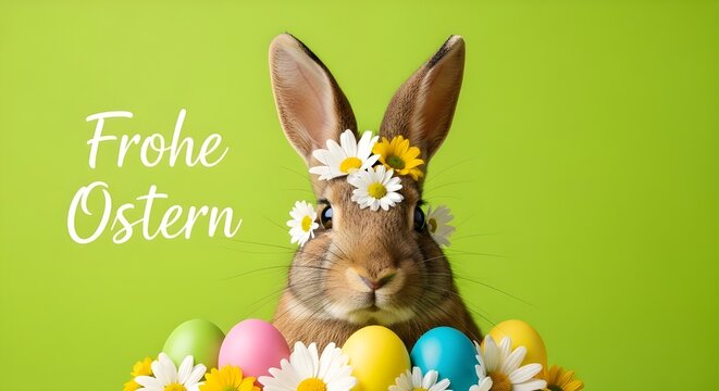 Frohe ostern konzept mit lustigem osterhasen in buntem osterei auf gr nem hintergrund ferien feiertag gru karte mit deutschem text