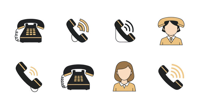 Set of vintage and modern telephone icons with person avatars for communication and customer service concepts, suitable for UI design and presentations