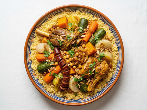 Moroccan Couscous Royal with Lamb Shank Chicken Merguez Sausage Vegetables Chickpeas and Toasted Almonds in Large Ceramic Dish White Background